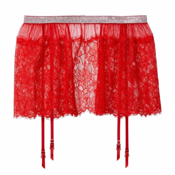 Victoria’s Secret Rhinestone Shine Red Lace Skirt with Garters NWT - Picture 10 of 16